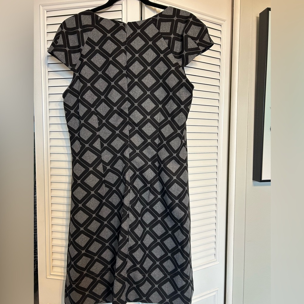 Grey and black geo print dress with matching belt